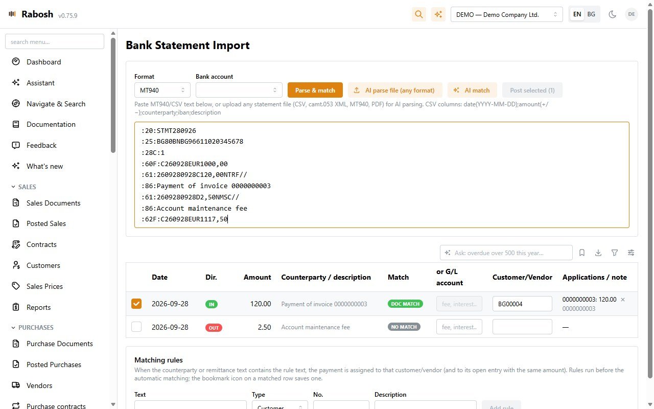 Bank statement import with match suggestions in Rabosh
