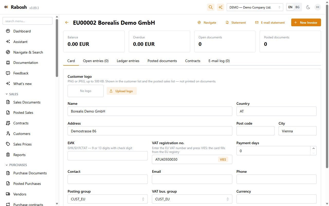 Customer card in Rabosh with balance tiles, open entries and ledger tabs