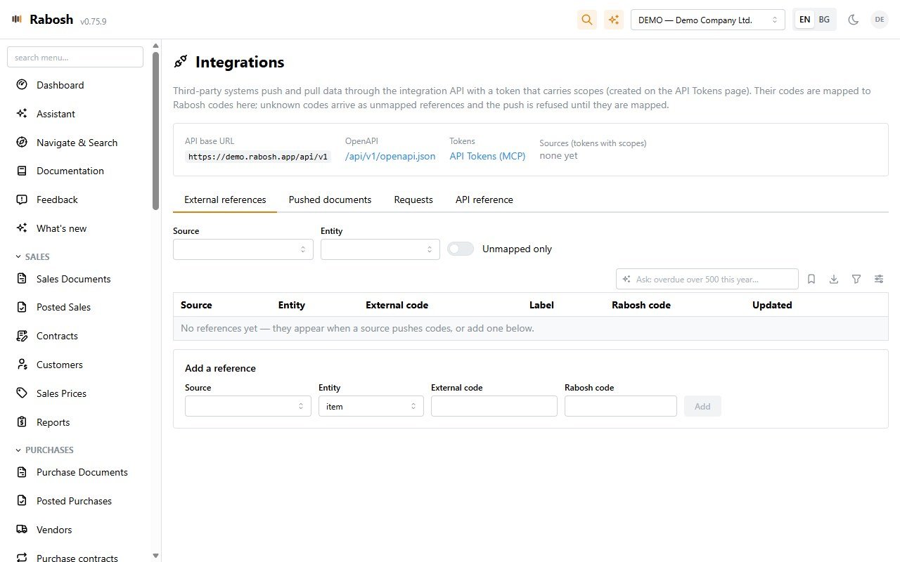 Integrations page in Rabosh with scoped tokens and external references