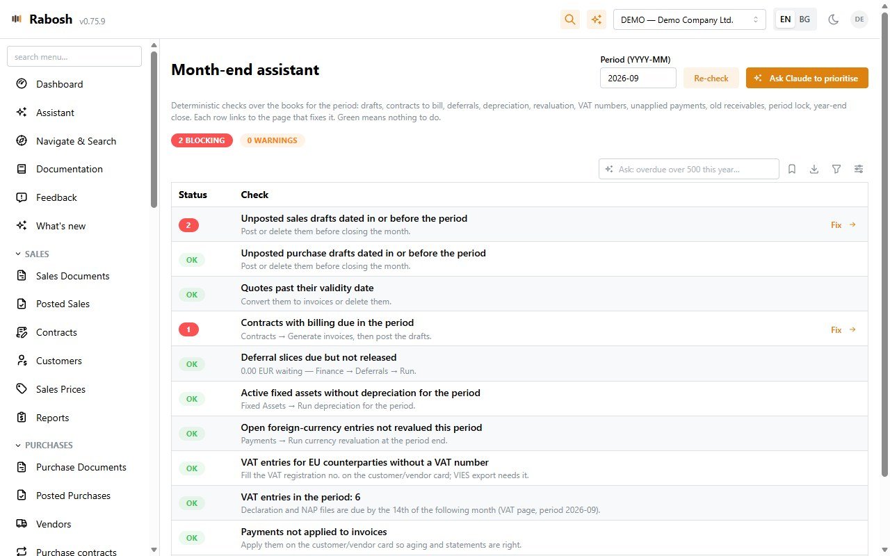 Month-end assistant checklist in Rabosh