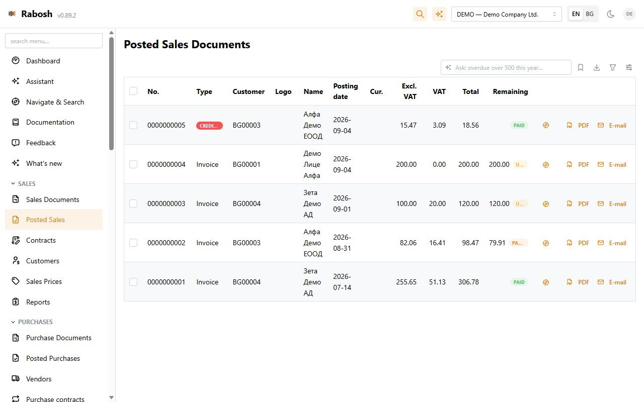 Posted sales documents list in Rabosh